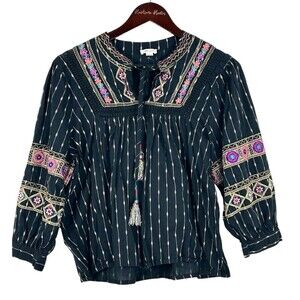 Ultra Pink Women L Top Black Gold Embroider Puff Sleeve Tassel Boho Festival N1